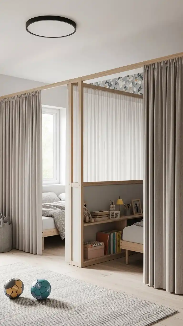 11 Shared Bedroom For Kids Ideas That Shine 11 8. Room Dividers That Maintain Openness and Light