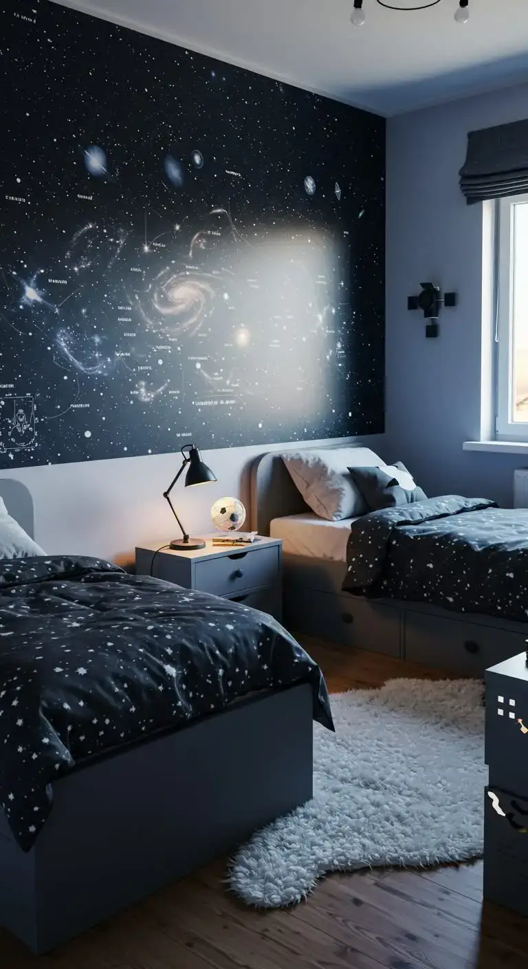 19 Small Shared Bedroom Ideas That Feel Calm and Organized 10 8. Try a Space-Themed Design