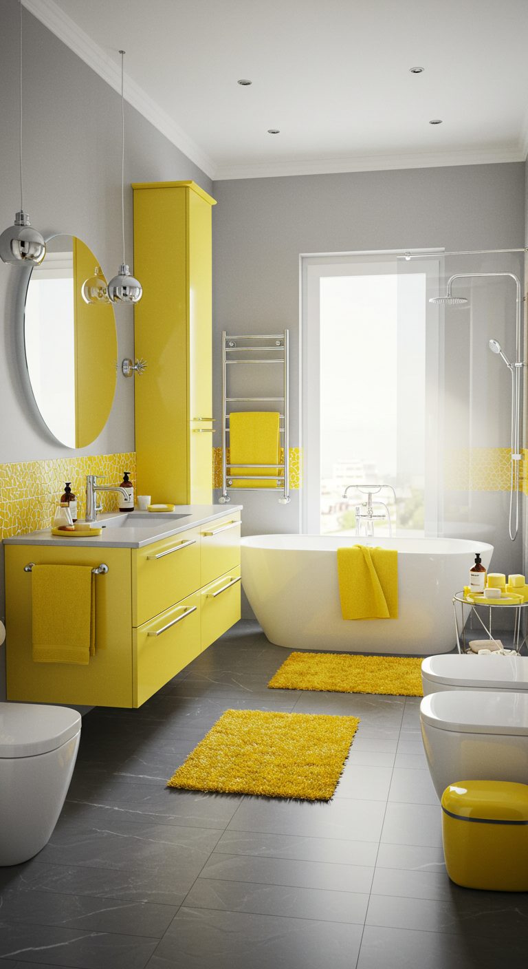 17 Bright and Stylish Yellow Bathroom Ideas You’ll Love 10 Yellow and Gray for a Modern Look