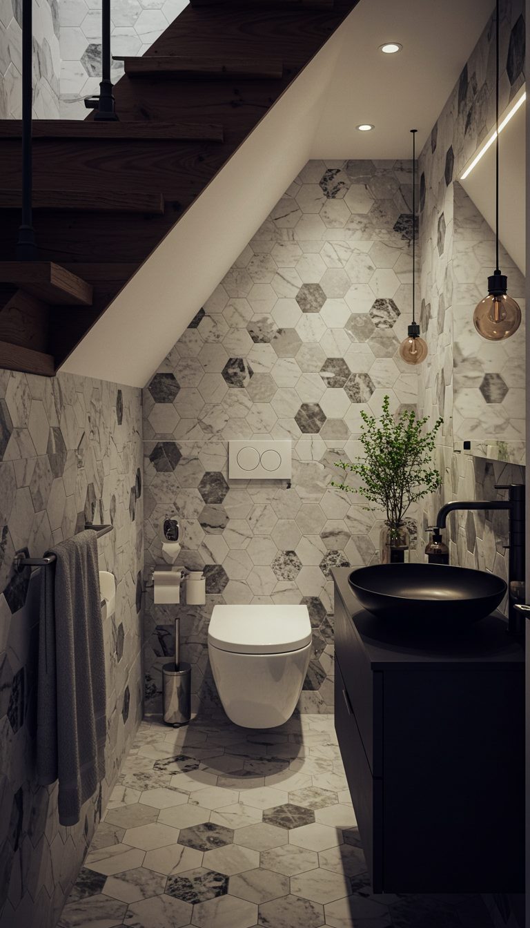 21 Small Bathroom Under Stairs Ideas That Maximize Space 11 Add Stylish Tiles