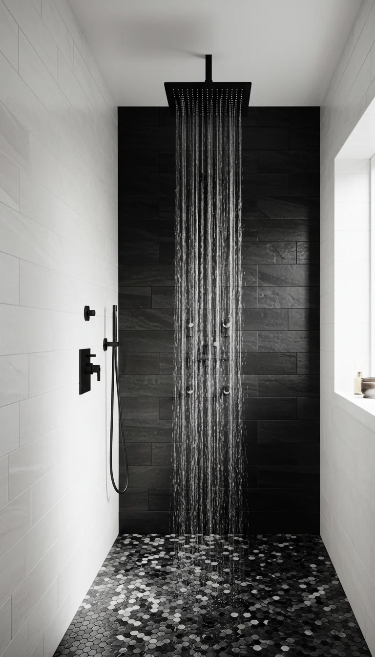 14 Bathroom Shower Ideas That Are Stylish & Practical 11 9. Black and White Showers for a Bold Statement
