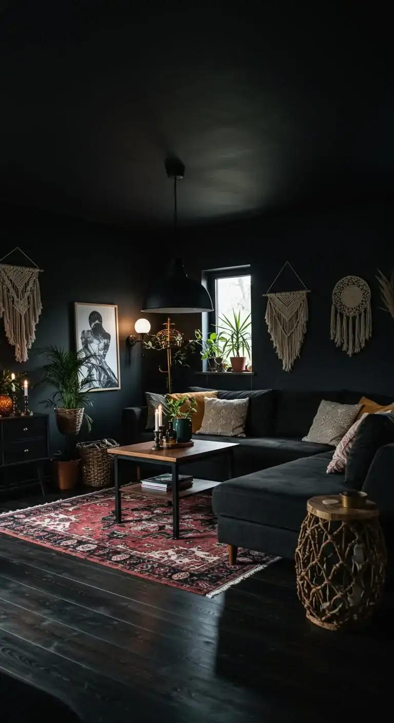 Black Living Room Ideas to Transform Your Space 12 9. Boho-Inspired Black Living Room