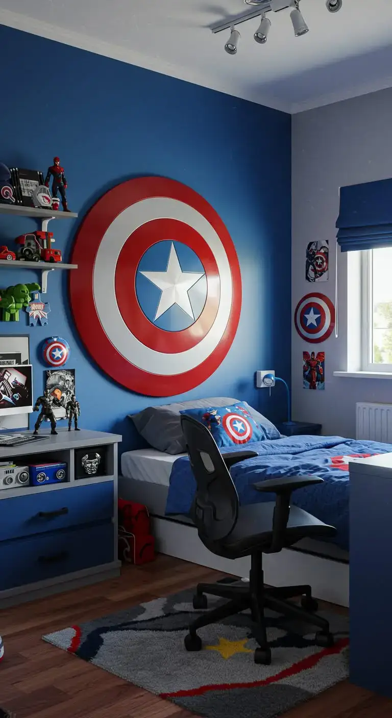 15 Cool Marvel Bedroom Ideas for Boys’ Spaces 11 9. Captain America’s Shield Wall Art