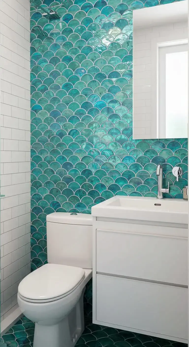 13 Simple & Stunning Small Tile Bathroom Backsplash Ideas 11 9. Fish Scale Tile Backsplash
