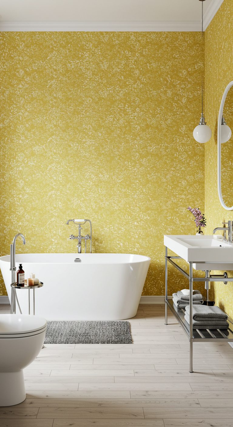 17 Bright and Stylish Yellow Bathroom Ideas You’ll Love 11 Floral Yellow Wallpaper for a Feminine Touch