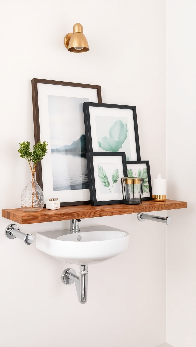 19 Bathroom Shelf Decor Ideas for a Stylish Space 11 Framed Prints or Artwork