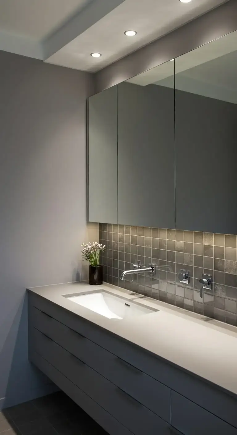 15 Stylish Gray Bathroom Backsplash Ideas 12 9. Gray Glass Tile Backsplash