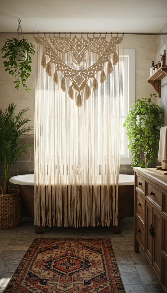 15 Boho Bathroom Ideas to Transform Your Space 9 9. Hang a Macrame Shower Curtain