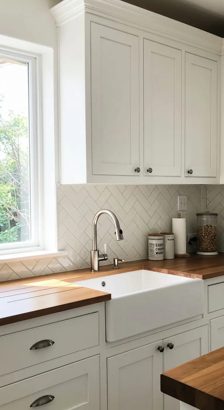 13 Stunning Kitchen Backsplash Ideas for White Cabinets 12 9. Herringbone Tile Backsplash for a Stylish Appeal