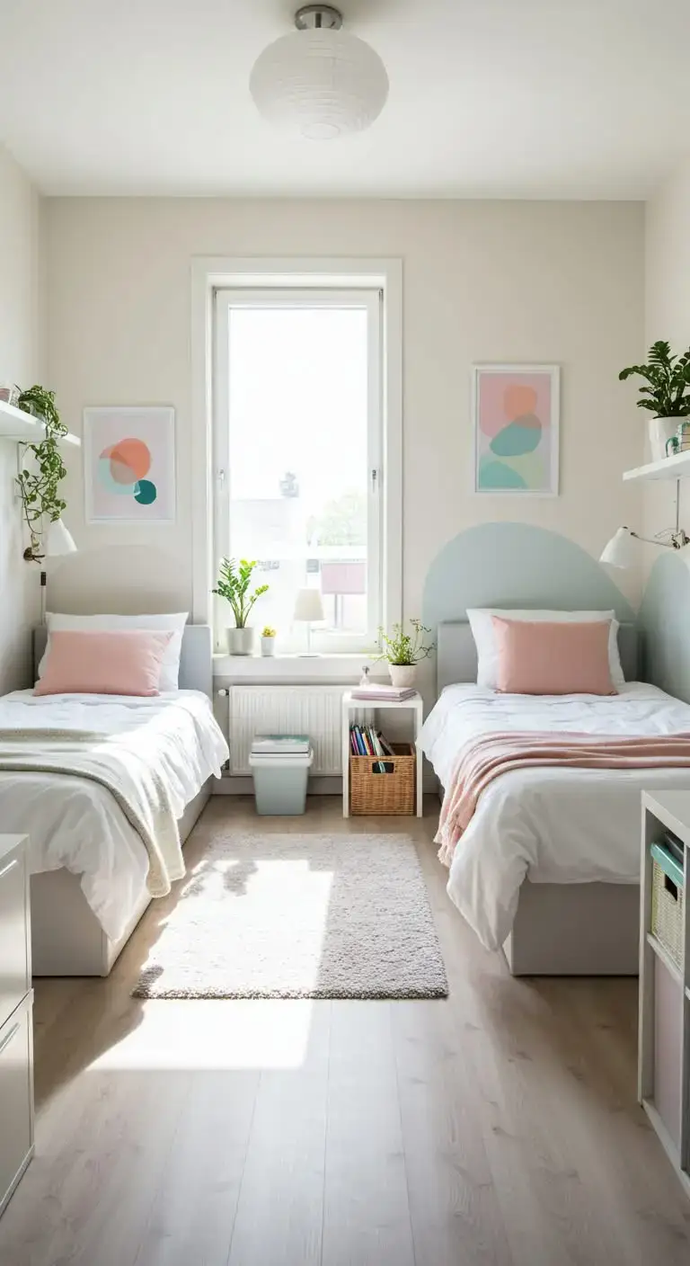 19 Small Shared Bedroom Ideas That Feel Calm and Organized 11 9. Keep Colors Light and Airy