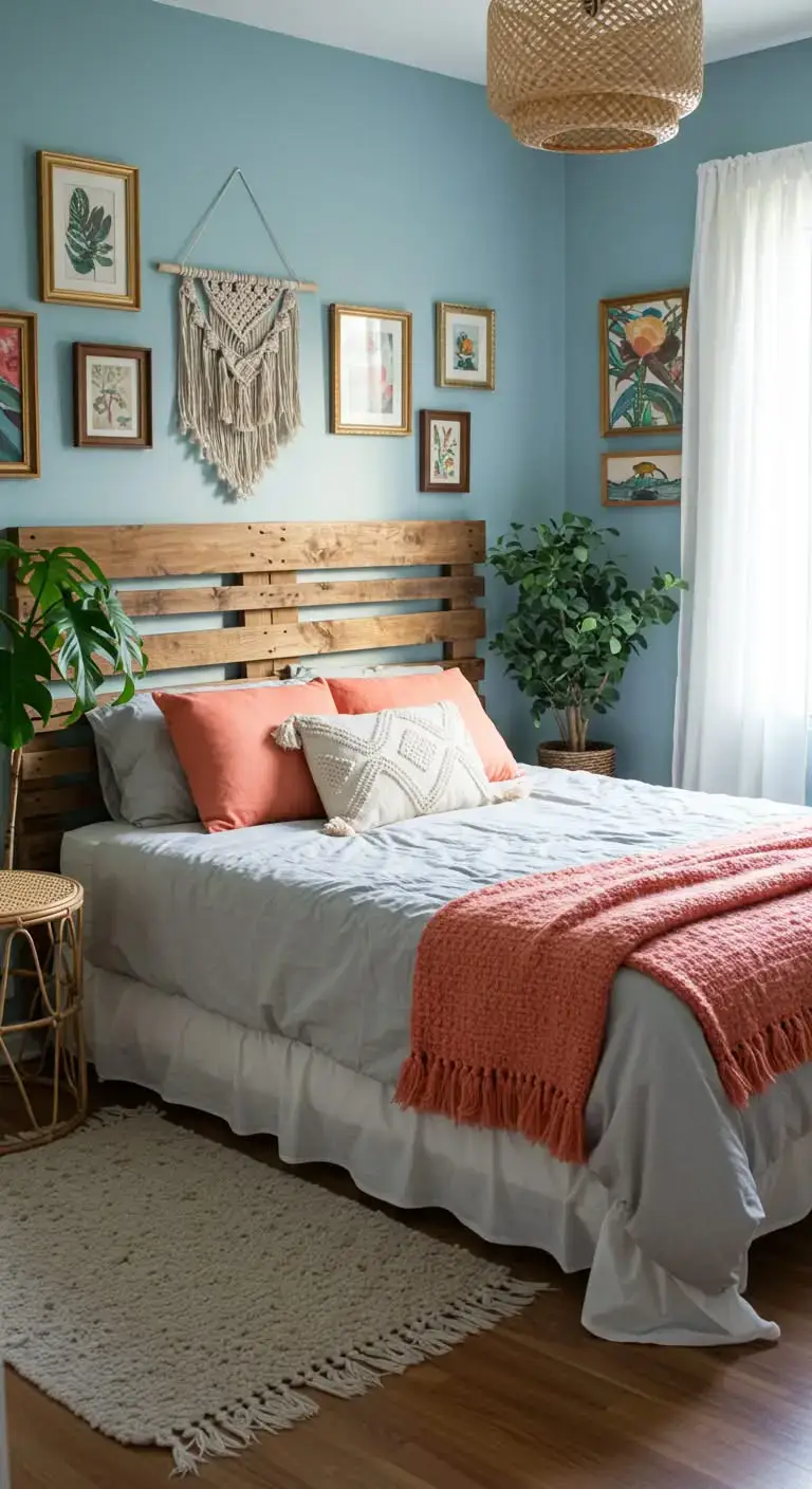 23 Boho Bedroom Headboard Ideas That Feel Warm & Stylish 11 9. Pallet Wood Headboard for a Budget-Friendly Option