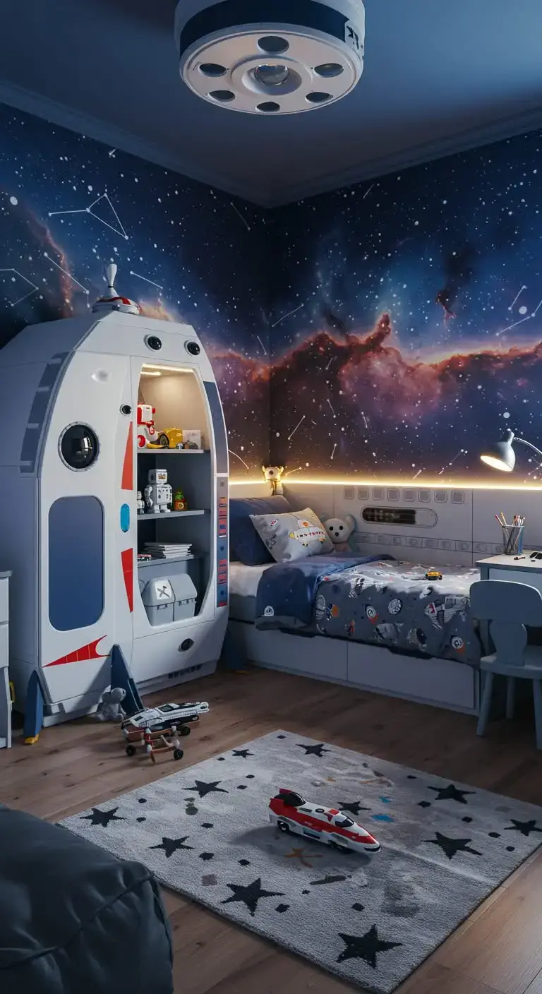 25 Space Themed Bedroom Ideas For Boy Toddlers You’ll Love 11 9. Spaceship Toy Storage