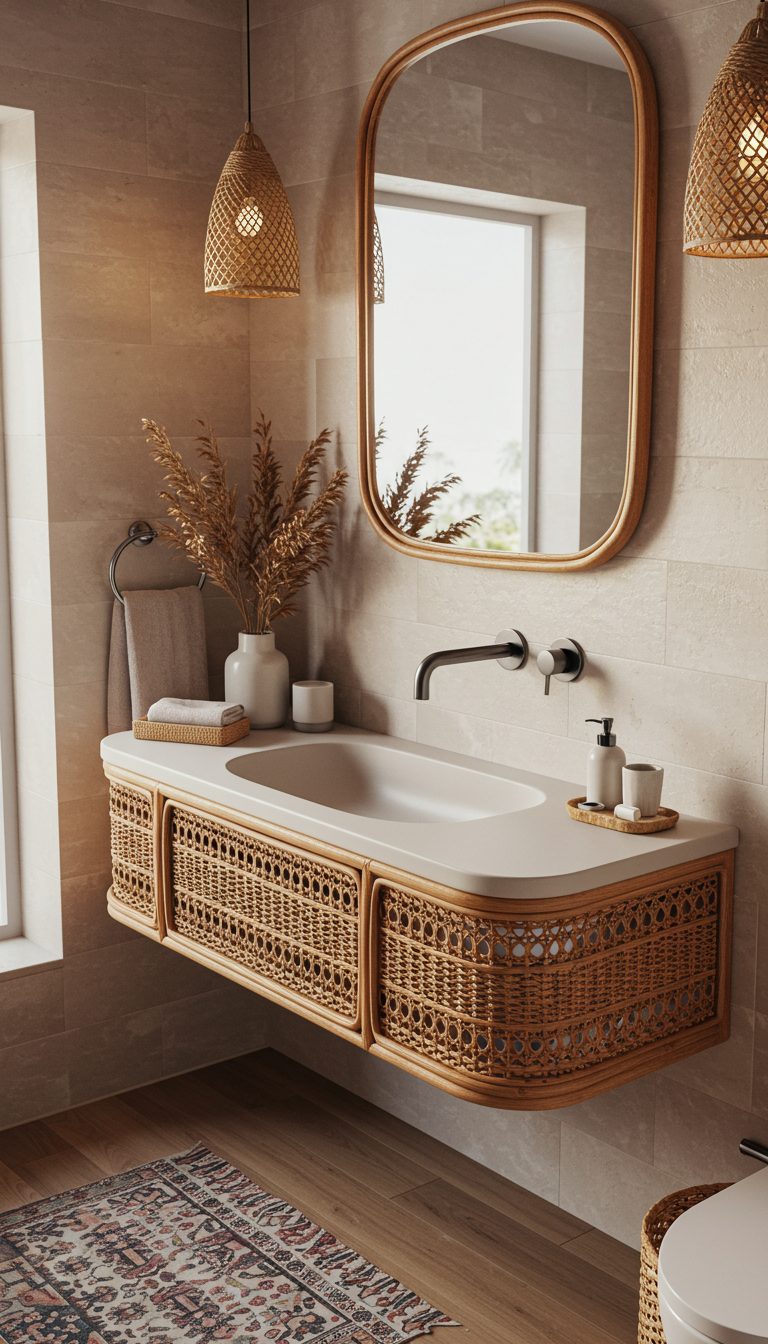 14 Boho Bathroom Sink Ideas for a Stylish Space 11 Wall-Mounted Sink with Wicker Accents