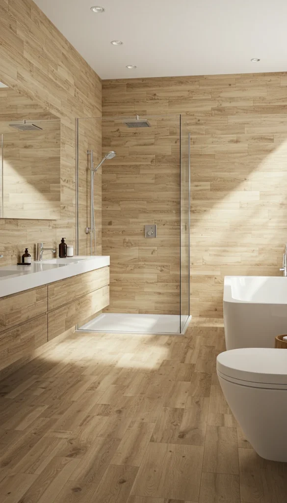 9 Stunning Bathroom Tile Ideas for a Stylish Makeover 9 9. Wood-Look Tiles for a Natural Feel