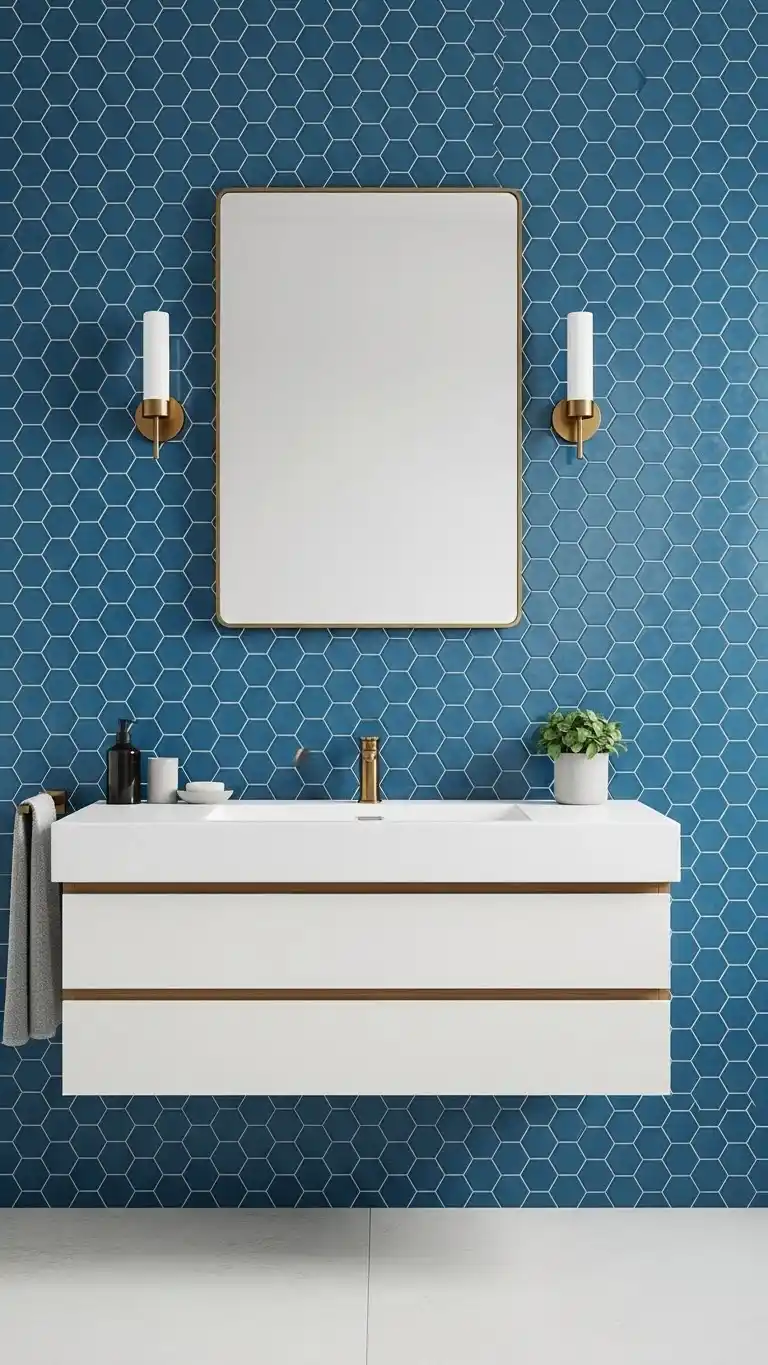 13 Simple & Stunning Blue Bathroom Backsplash Ideas 13 10. Blue Hexagon Tiles for a Geometric Edge