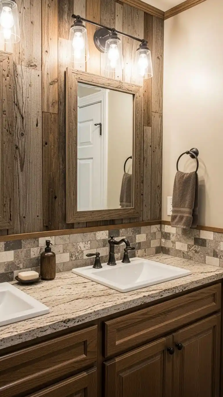 15 Simple & Stunning Rustic Bathroom Backsplash Ideas 13 10. Mixed Material Backsplash for Eclectic Rustic Style