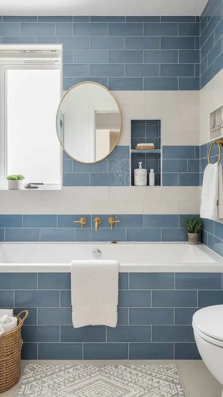 13 Simple & Stunning Blue Bathroom Backsplash Ideas 14 11. Coastal-Inspired Blue Tile Backsplash