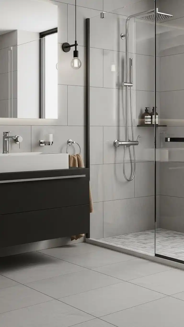 15 Stylish Gray Bathroom Backsplash Ideas 14 11. Cool Gray Tiles for Sleek Modern Bathrooms