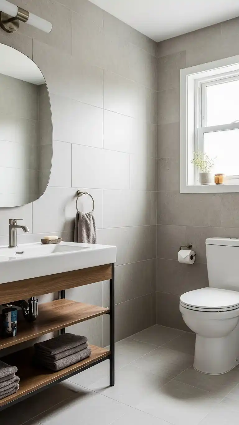 15 Half Wall Bathroom Backsplash Ideas for a Chic Look 14 11. Large Format Tile Half Wall Bathroom Backsplash Ideas