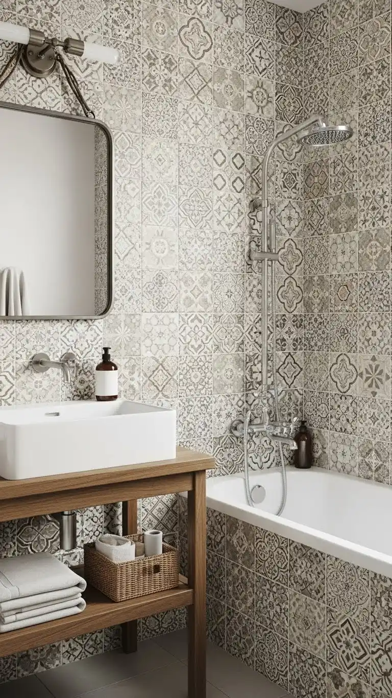 15 Simple & Stunning Rustic Bathroom Backsplash Ideas 14 11. Patterned Cement Tiles for Vintage Rustic Charm