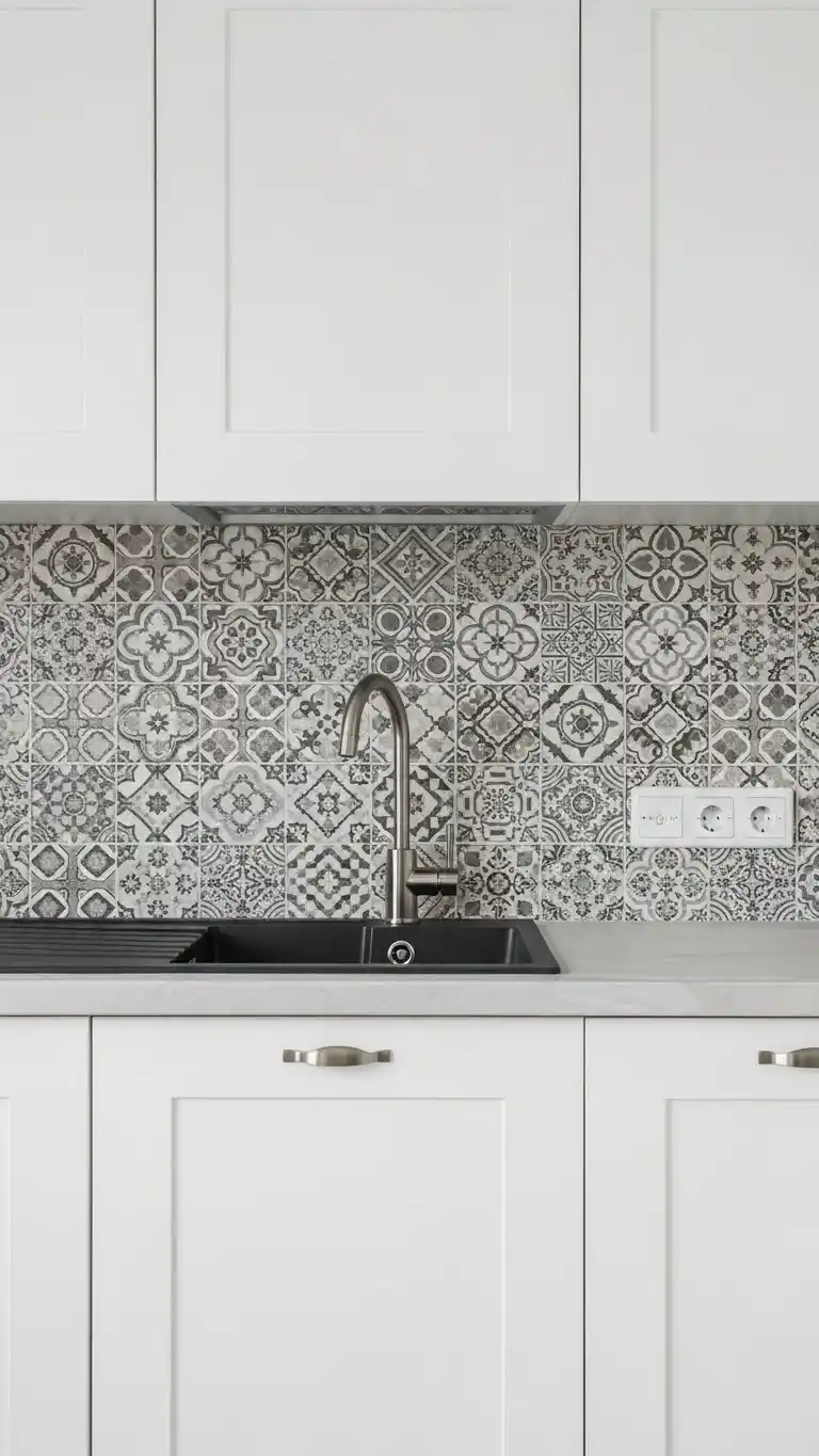 15 Modern Kitchen Accent Wall Ideas for a Sleek Look 14 11. Patterned Tile Accent Wall with Modern Motifs