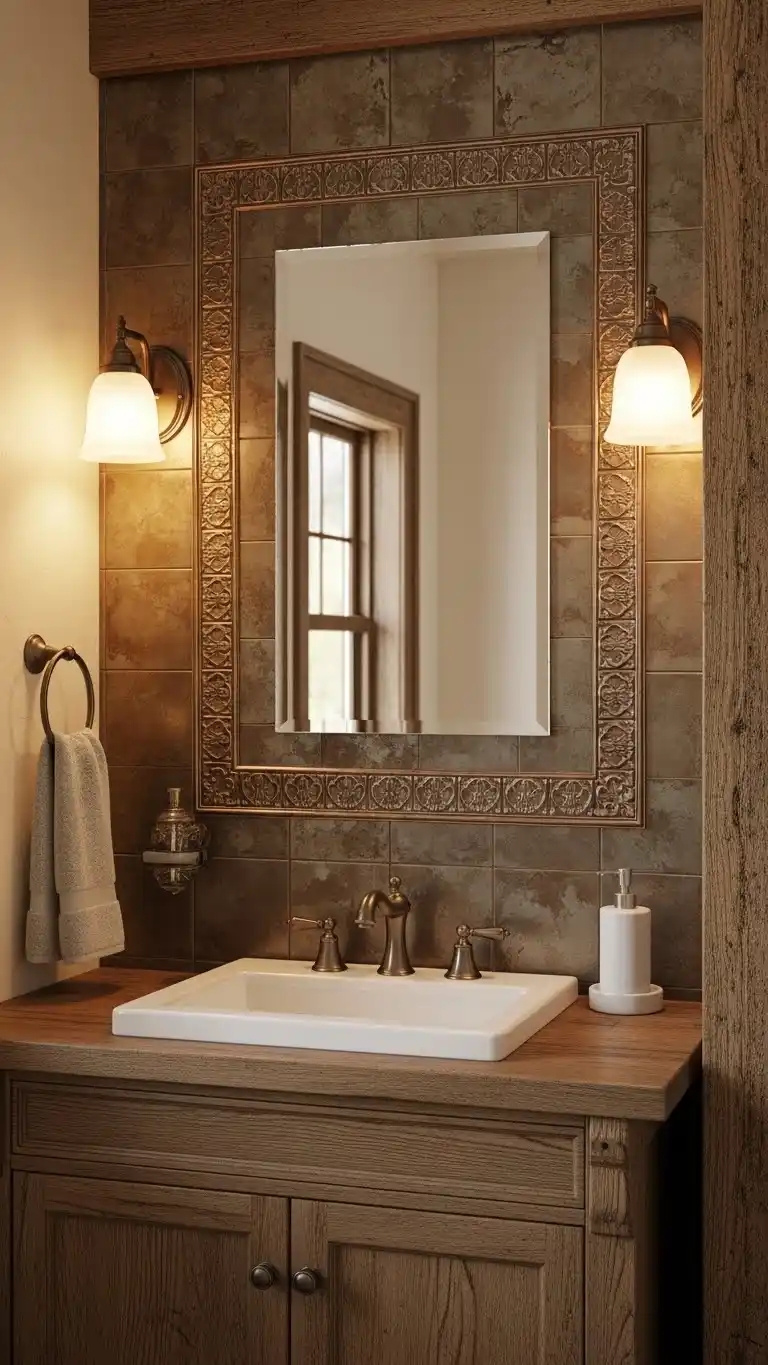 15 Simple & Stunning Rustic Bathroom Backsplash Ideas 15 12. Copper or Bronze Tiles for Subtle Rustic Elegance