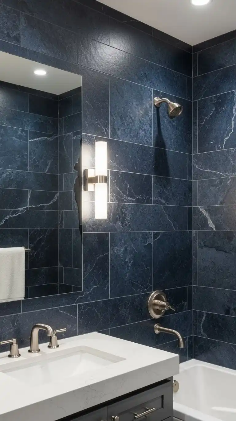13 Simple & Stunning Blue Bathroom Backsplash Ideas 15 12. Dark Blue Stone Tile for a Luxurious Feel