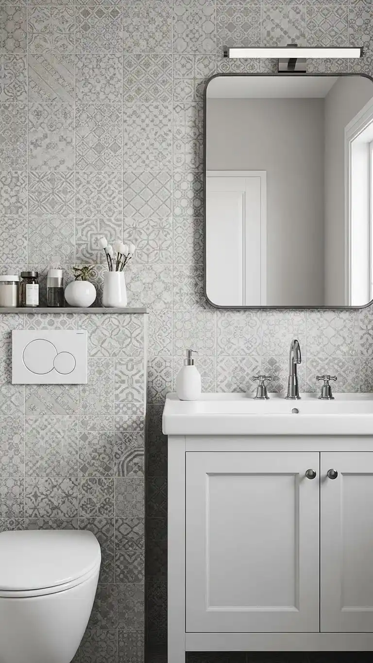 15 Stylish Gray Bathroom Backsplash Ideas 15 12. Gray Patterned Tiles for Artistic Expression