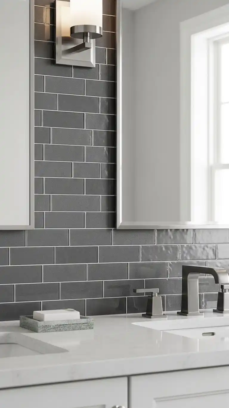 15 Stylish Gray Bathroom Backsplash Ideas 16 13. Gray Glass Tiles for a Polished Finish