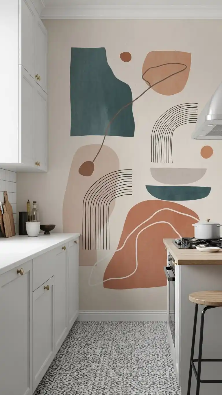15 Modern Kitchen Accent Wall Ideas for a Sleek Look 16 13. Minimalist Mural Accent Wall for Artistic Expression