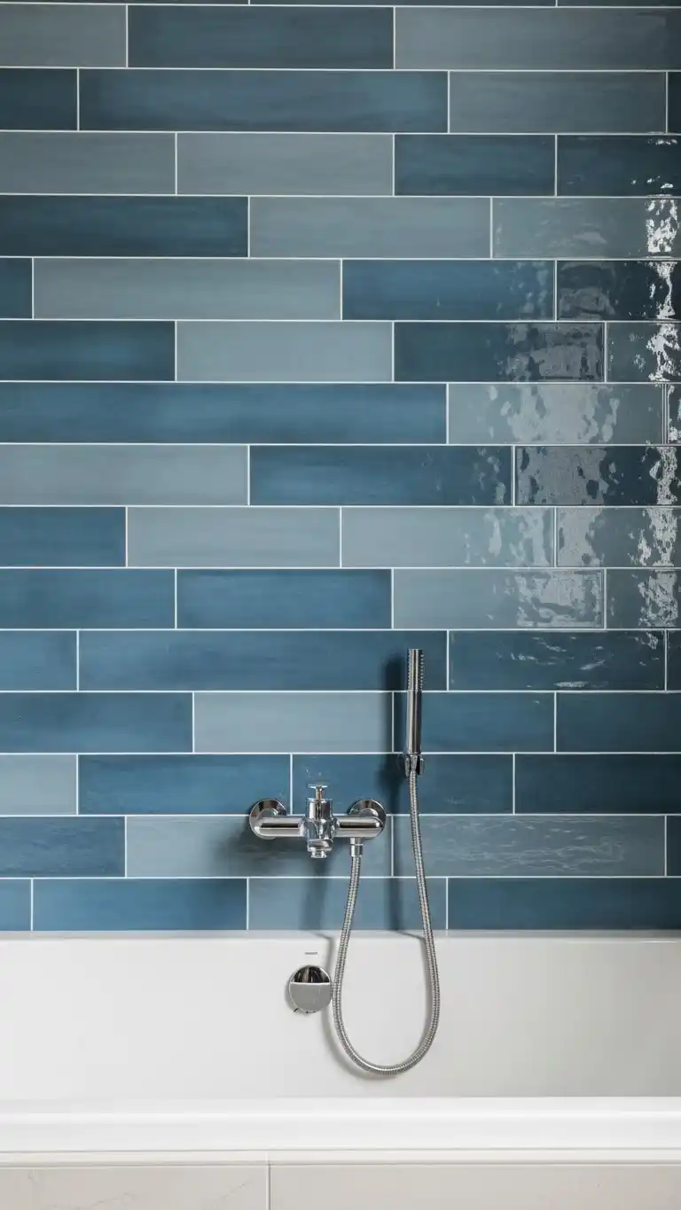 13 Simple & Stunning Blue Bathroom Backsplash Ideas 16 13. Mixed Blue Tile Shades for Layered Dimension