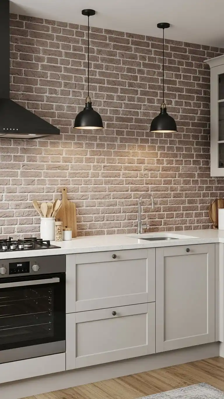 15 Modern Kitchen Accent Wall Ideas for a Sleek Look 17 14. Brick-Inspired Accent Wall with Modern Refinement