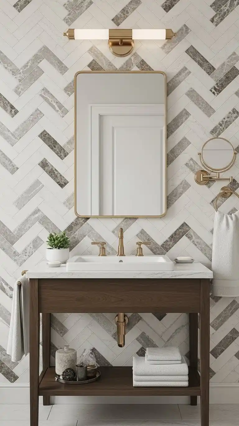 15 Easy Bathroom Backsplash Ideas Peel and Stick for Quick Upgrades 16 14. Peel-And-Stick Herringbone Backsplash