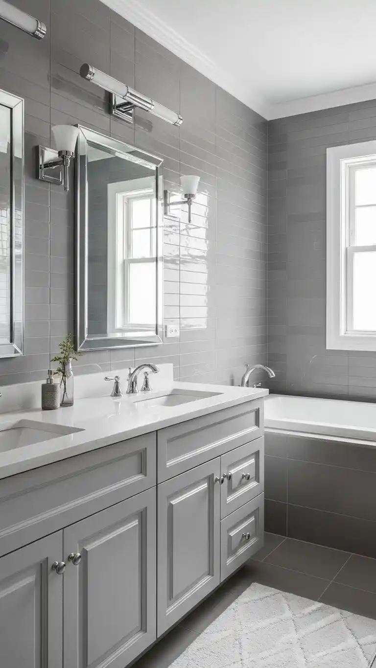 15 Stylish Gray Bathroom Backsplash Ideas 18 15. Full-Height Gray Bathroom Backsplash for Impact