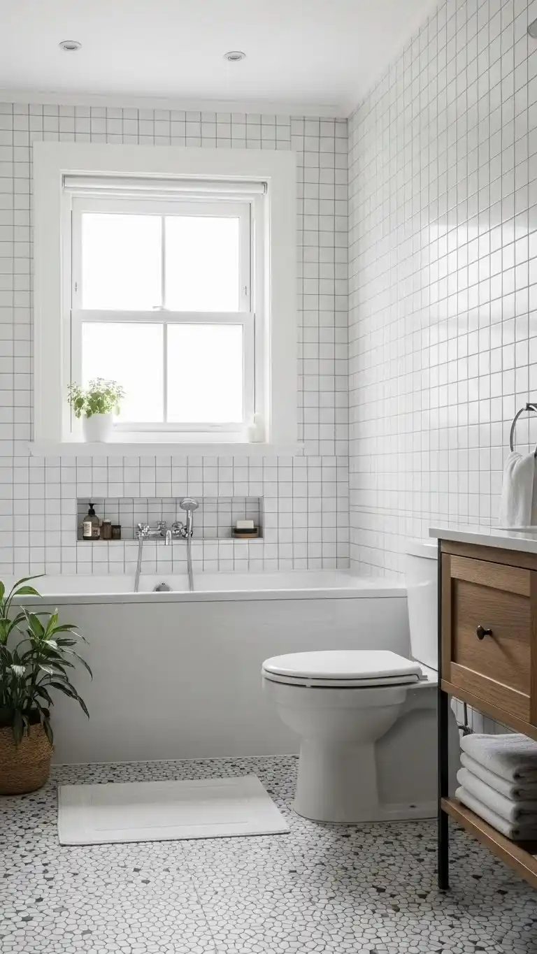 15 Half Wall Bathroom Backsplash Ideas for a Chic Look 18 15. Minimalist Grid Half Wall Bathroom Backsplash Ideas
