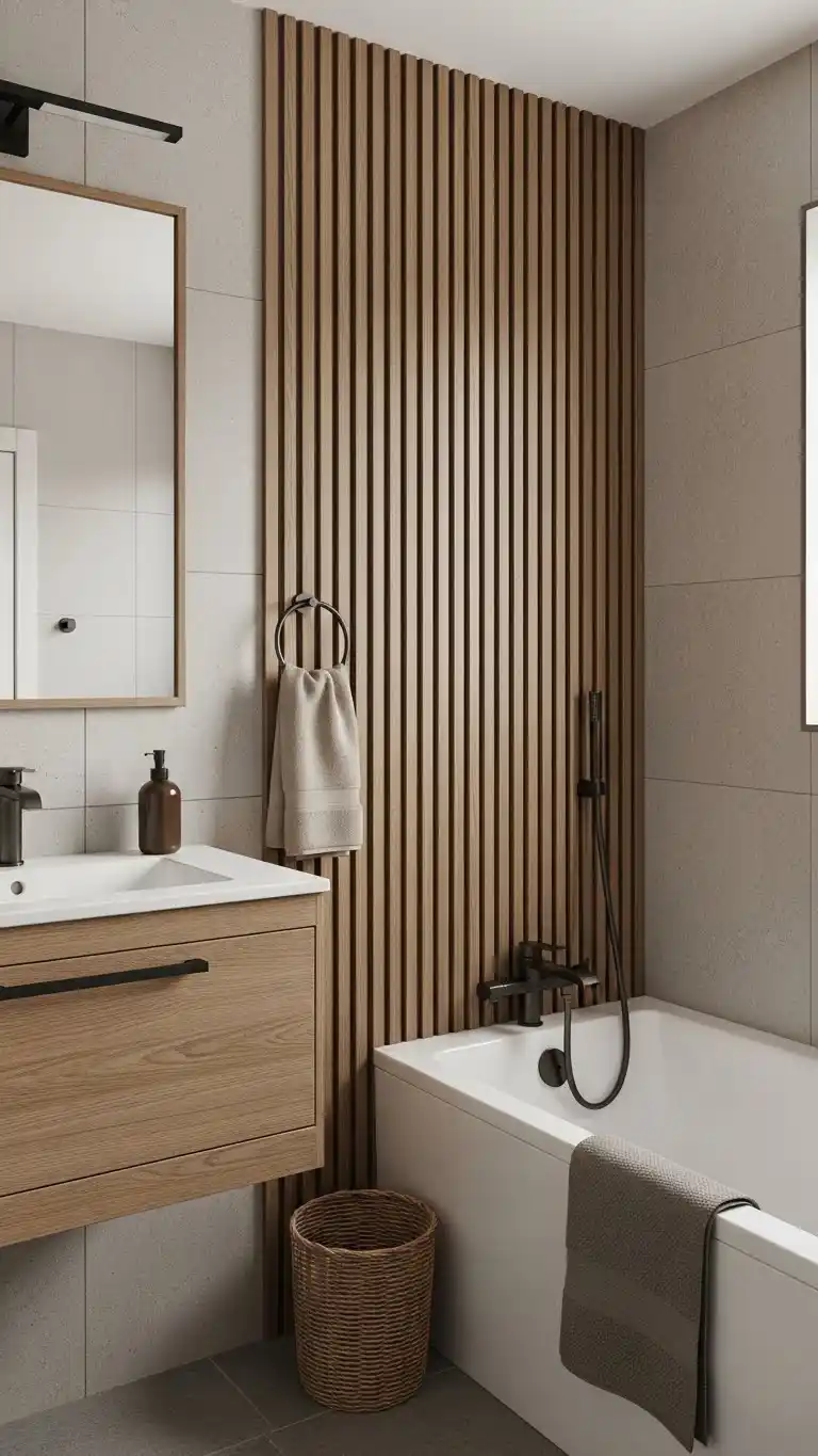 15 Simple & Stunning Rustic Bathroom Backsplash Ideas 18 15. Vertical Wood Slats for a Modern Rustic Twist
