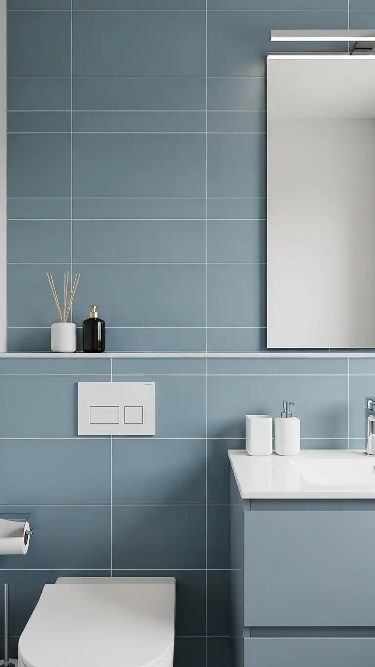 13 Simple & Stunning Blue Bathroom Backsplash Ideas 11 8. Matte Blue Tiles for a Soft Contemporary Look
