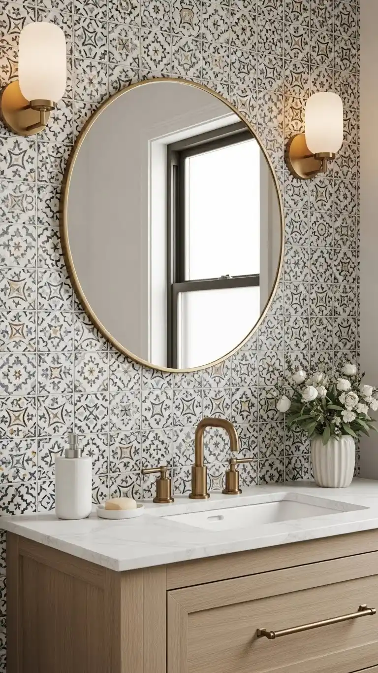 13 Bathroom Backsplash Ideas Vanities Tile You’ll Love 11 9. Patterned Ceramic Tiles for Character-Driven Vanities