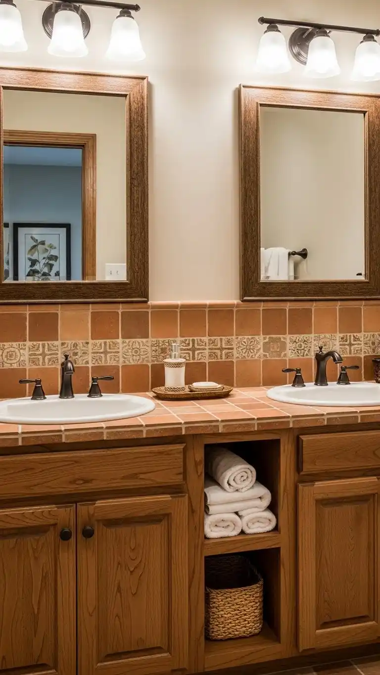 15 Simple & Stunning Rustic Bathroom Backsplash Ideas 12 9. Terracotta Tiles for Warmth and Earthy Appeal