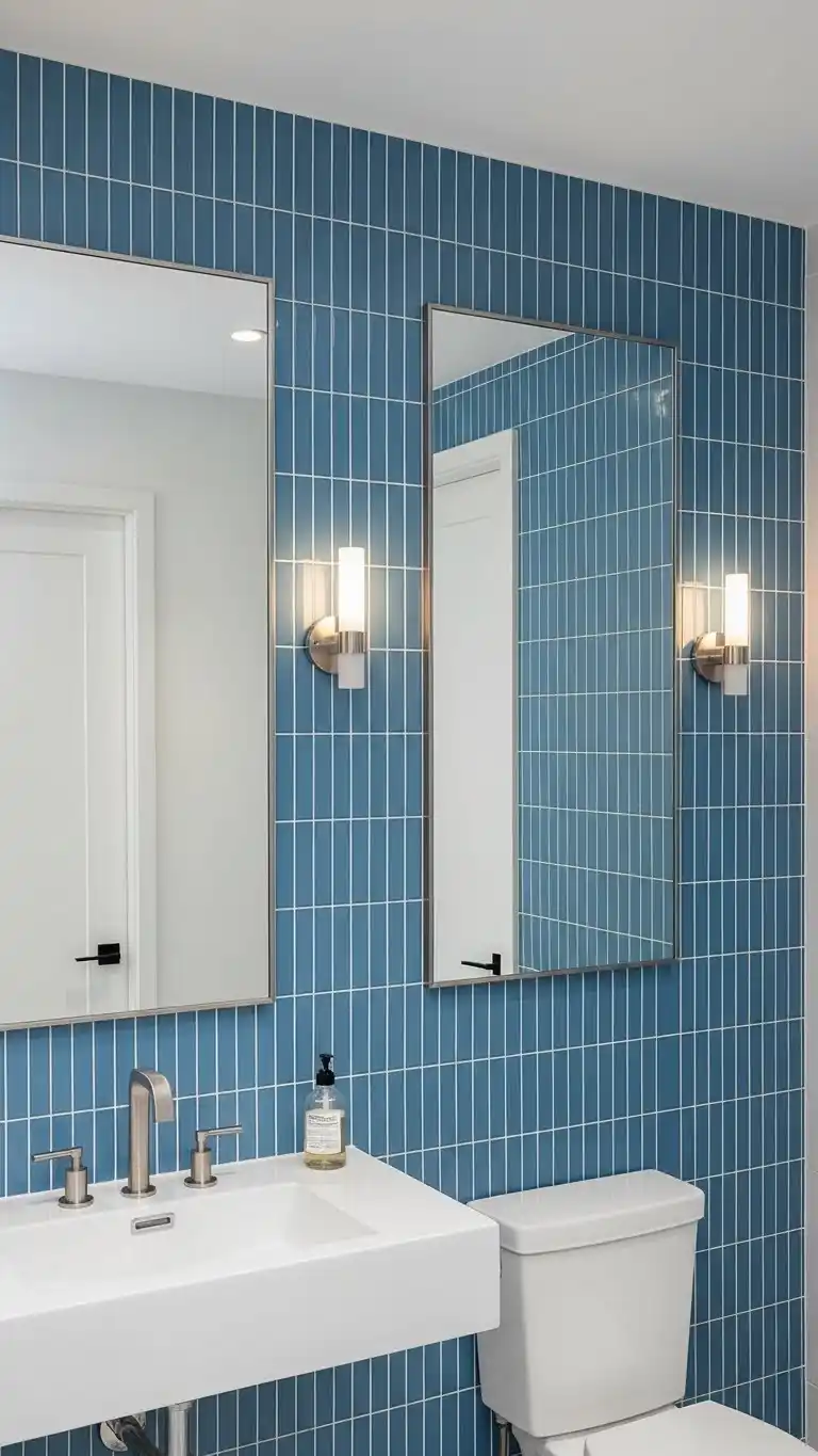 13 Simple & Stunning Blue Bathroom Backsplash Ideas 12 9. Vertical Blue Tile Layout for Added Height Illusion