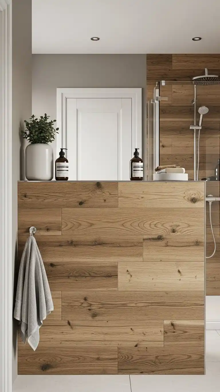 15 Half Wall Bathroom Backsplash Ideas for a Chic Look 12 9. Wood-Look Tile Half Wall Bathroom Backsplash Ideas