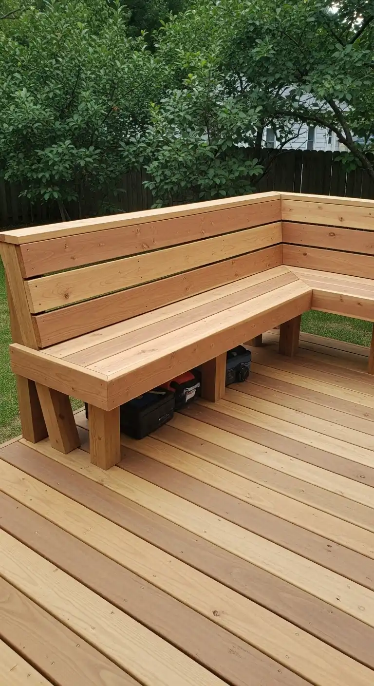 13 Ground Level Deck Ideas to Maximize Small Yards and Outdoor Living 1 Classic wooden deck with built-in bench seating
