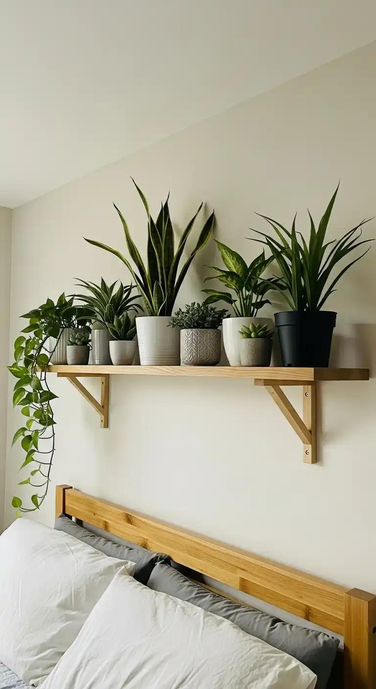 Above Bed Decor Ideas to Elevate Your Bedroom with Stylish, Balanced Displays 4 Floating wooden shelf with plants
