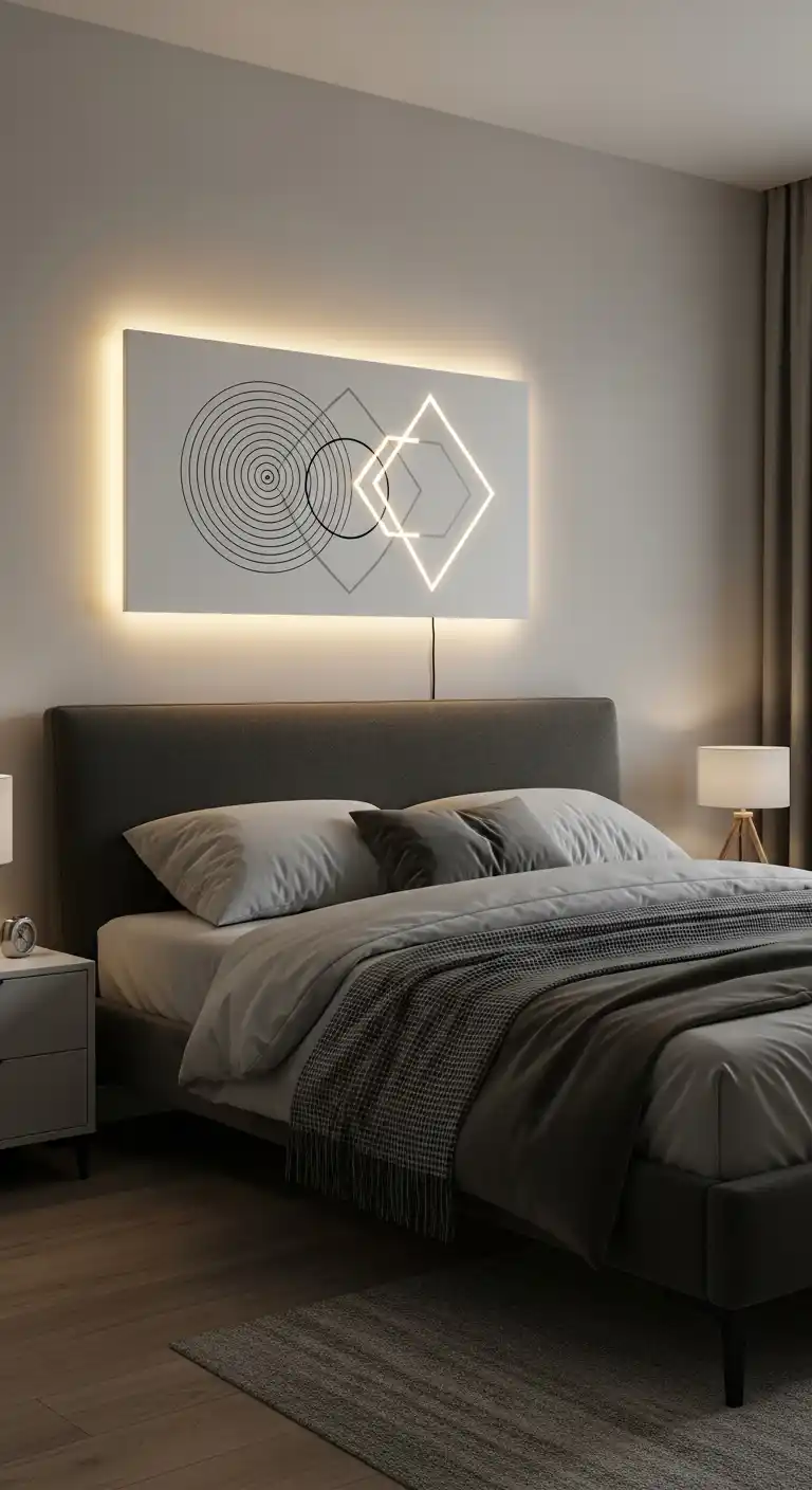 Above Bed Decor Ideas to Elevate Your Bedroom with Stylish, Balanced Displays 13 LED backlit panel art