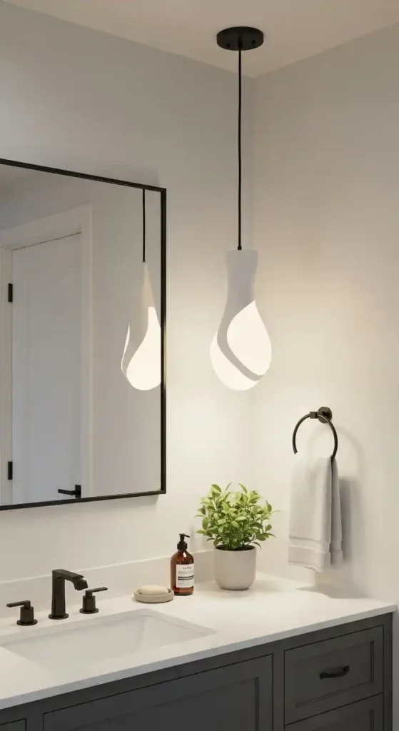 13 Elegant Bathroom Decor Ideas to Transform Small and Large Spaces with Timeless Style 6 Sculptural pendant lighting