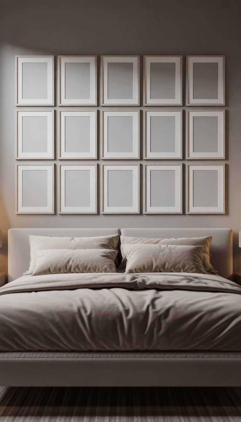 Above Bed Decor Ideas to Elevate Your Bedroom with Stylish, Balanced Displays 3 A bedroom with a modern bed and a symmetrical arrangement of 13 framed photos hanging above it.