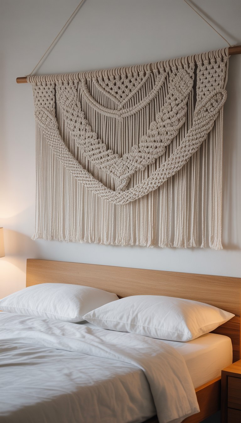 Above Bed Decor Ideas to Elevate Your Bedroom with Stylish, Balanced Displays 5 A woven macrame wall hanging displayed above a bed with white linens and a wooden headboard in a simple bedroom.