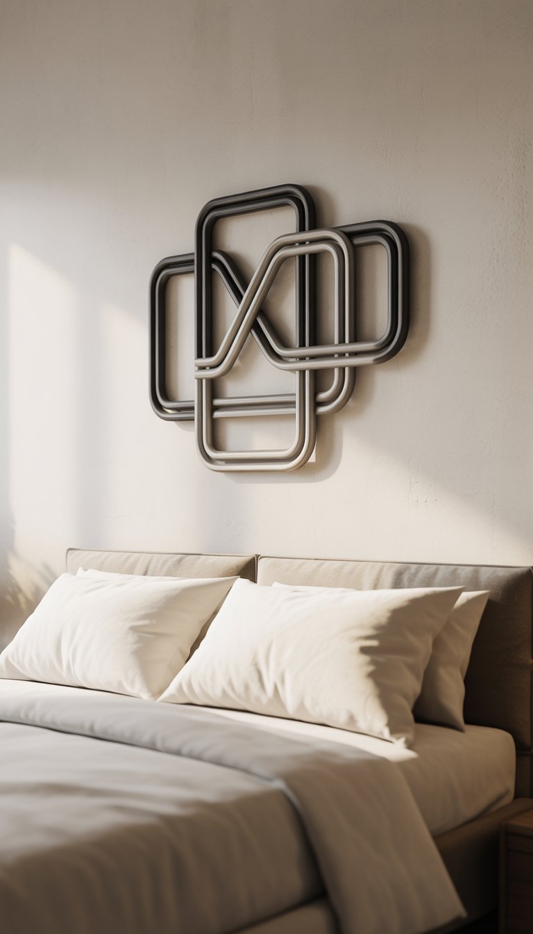 Above Bed Decor Ideas to Elevate Your Bedroom with Stylish, Balanced Displays 7 A geometric metal wall sculpture displayed above a bed with white linens and a simple headboard.