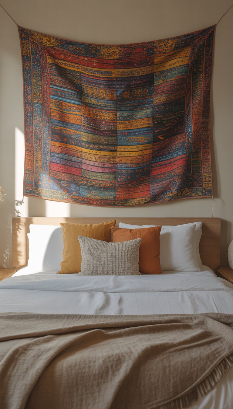 Above Bed Decor Ideas to Elevate Your Bedroom with Stylish, Balanced Displays 10 A neatly made bed with white linens and colorful pillows beneath a vibrant, patterned tapestry hanging on the wall.