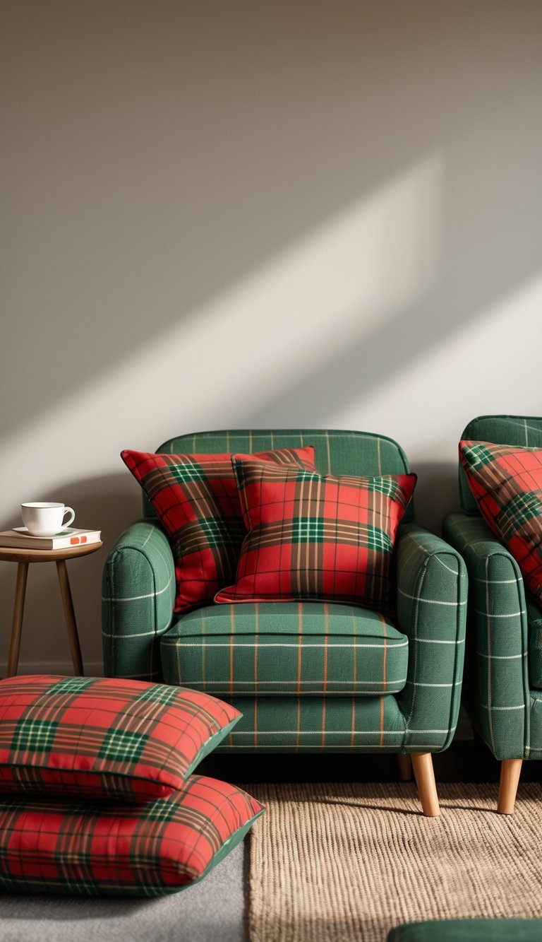 13 Scottish Highland Home Decor Ideas to Bring Rustic Elegance to Your Space 2 A cozy living room corner with an armchair and cushions featuring traditional Scottish tartan patterns, a wooden side table with a teacup and book.